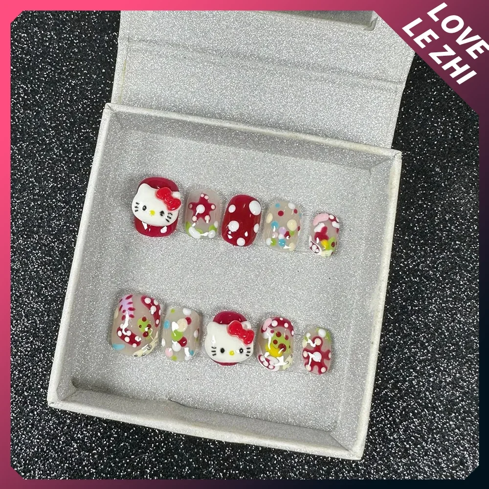 Sanrios Handmade Acrylic Pink Press On Nails Hello Kitty Short Square Circle False Nails Manicure Sweet Cute Tips Art Gift