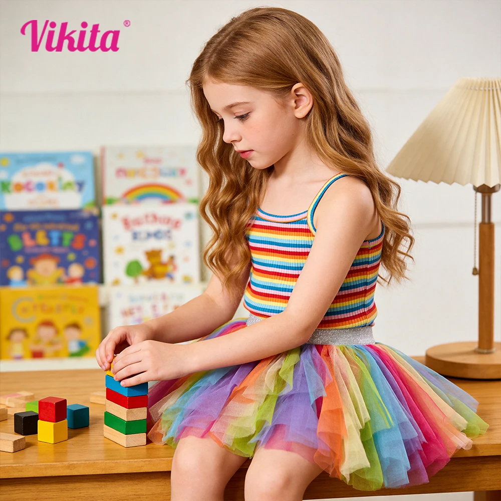 VIKITA Kids Multicolor Irregular Tulle Fluffy Tutu Skirt Girls Birthday Party Ballet Dance Casual Layered Pettiskirt Outfit