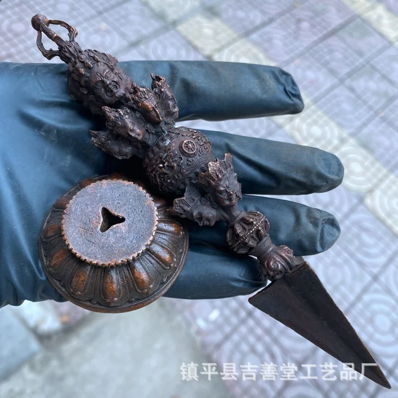 Antique Alloy Three Sided Vajra Statue With Base Vintage Puba Vajra Ornament for Home Office Meditation Room Table Decor