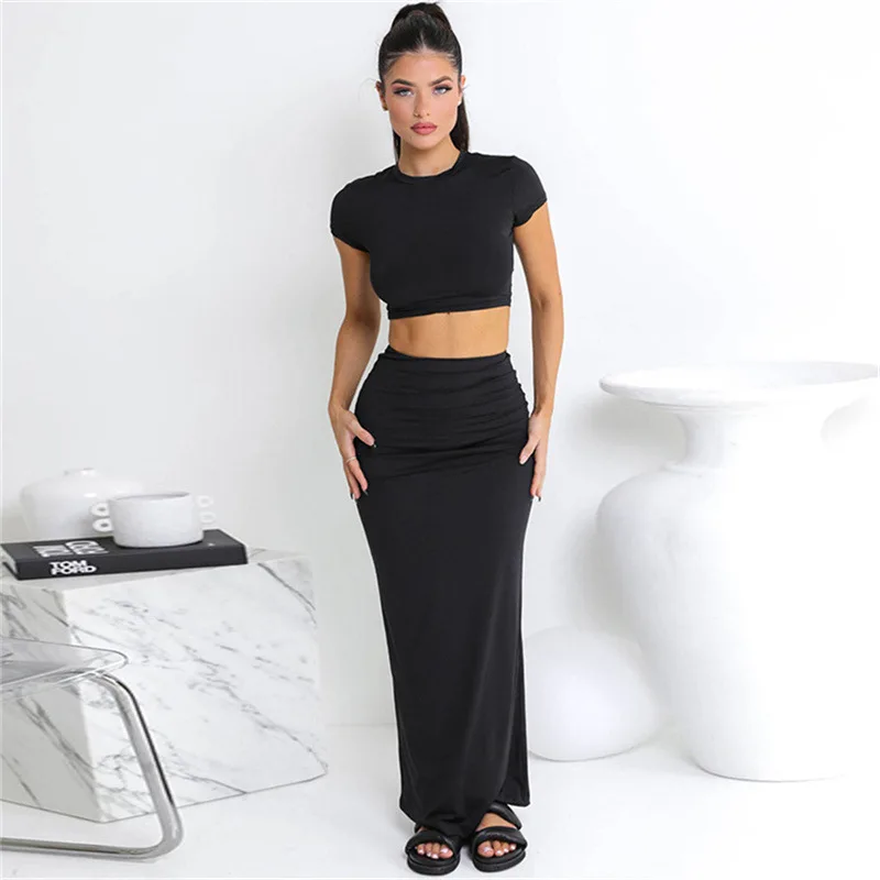 Slim Crop Top Tees Długie spódnice Dwuczęściowy zestaw dla kobiet 2024 Letni krótki otwarty pępek Tshirt Wysoka talia Owinięta spódnica Casual Set