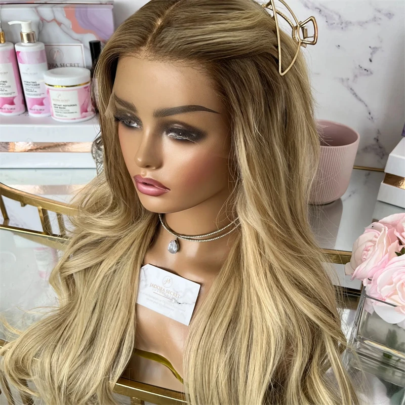 

Creamy Blonde with Ash Blonde Roots and Lowlights Synthetic Lace Front Wig With Dark Roots Natural Preplucked Hairline Party Wig