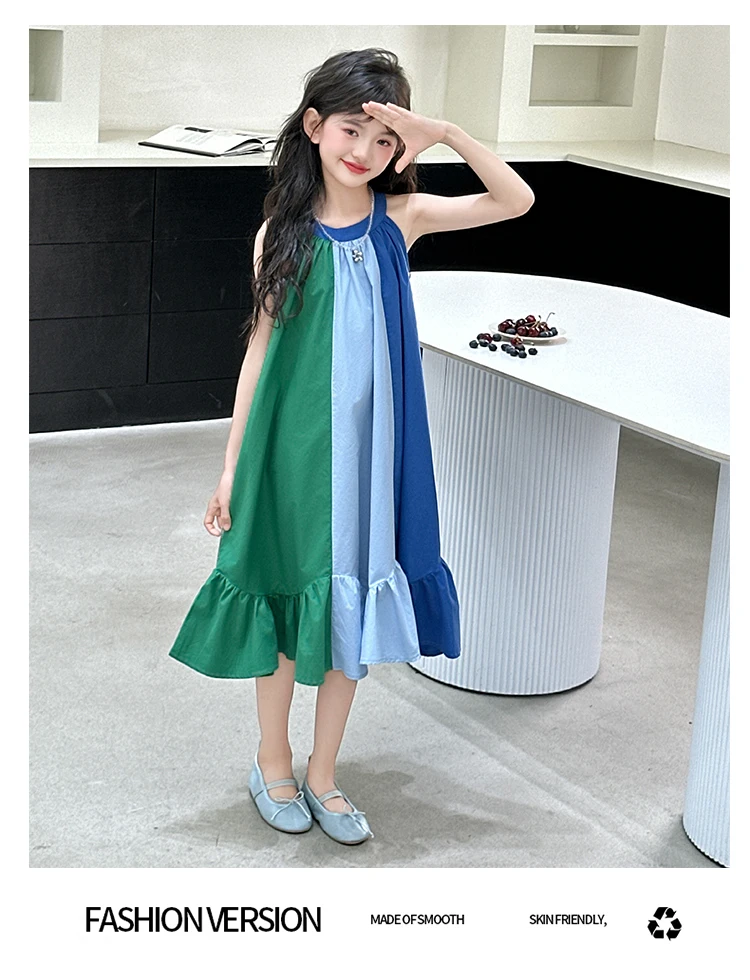 Mädchenkleid mit süßem Farbblock-Design für Sommerkostüme, Baumwolle, hohe Qualität, Kinderkleidung für Alter 7 8 9 10 12 14 Jahre – Detail 6