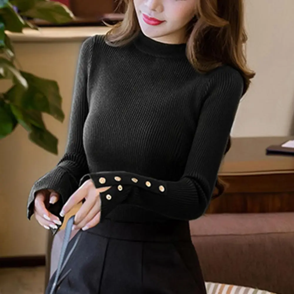 Women Slim Basic Sweater Autumn Winter Knitted Long Sleeve O Neck Sexy Sweaters Chic Korean Office Lady Button Pullover