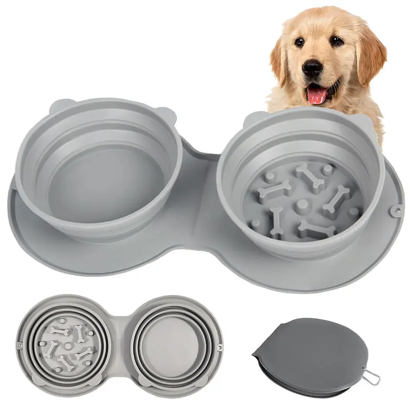 

Collapsible Silicone Pet Bowls for Slow Feeding, Portable, Foldable, Adjustable, Food and Water Feeder, Twins Dog Bowl