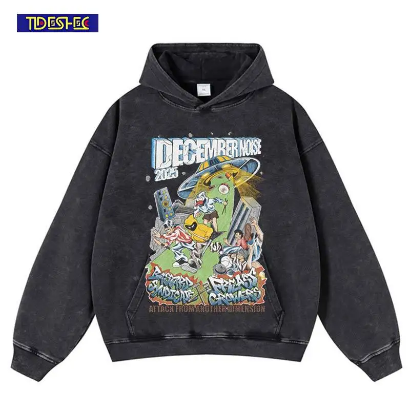 

Hip Hop Streetwear Vintage Harajuku Cartoon Pattern Print Hooded Pullover Stretwear Oversized Sweatshirt Washed Hoodie Cotton