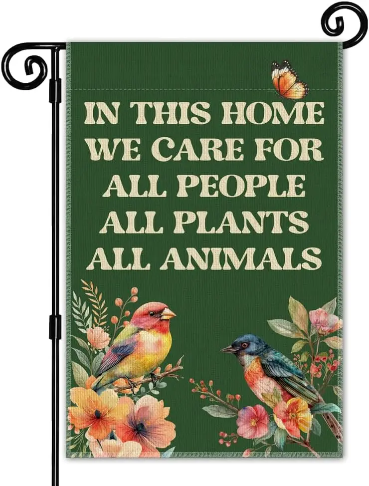 In This Home We Care For All People Plants Animal Spring Garden Flag | Double Sided Community Anti-Racist Yard Sign, Pollina uui