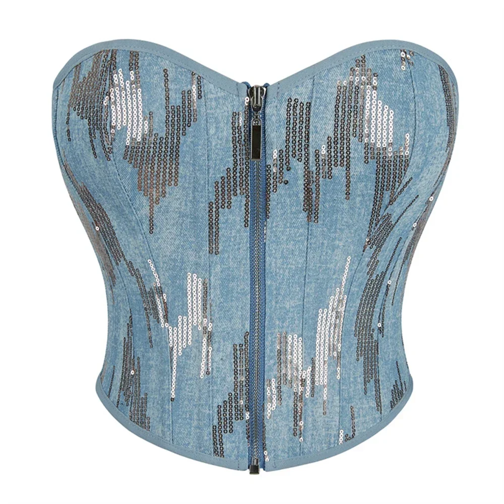 Sexy Off Shoulder Bustier Fashion Floral Print Denim Corset Crop Top Zipper Sleeveless Corsets Women Summer Party Streetwear