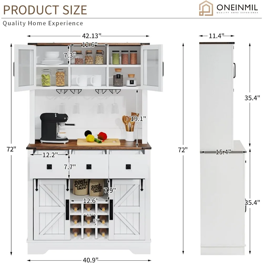 小屋付きの農家のコーヒーバーキャビネット,72インチの高さのビュッフェとサイドボード,引き戸付きのワインバーキャビネット