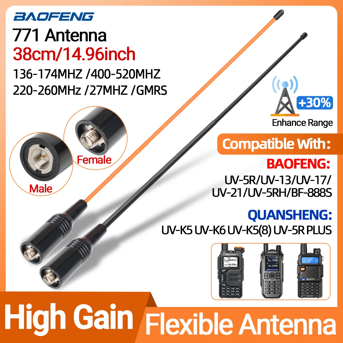 Antena SMA BaoFeng VHF UHF tri-band para UV-5R UV-82 UV-9R - imagen 4