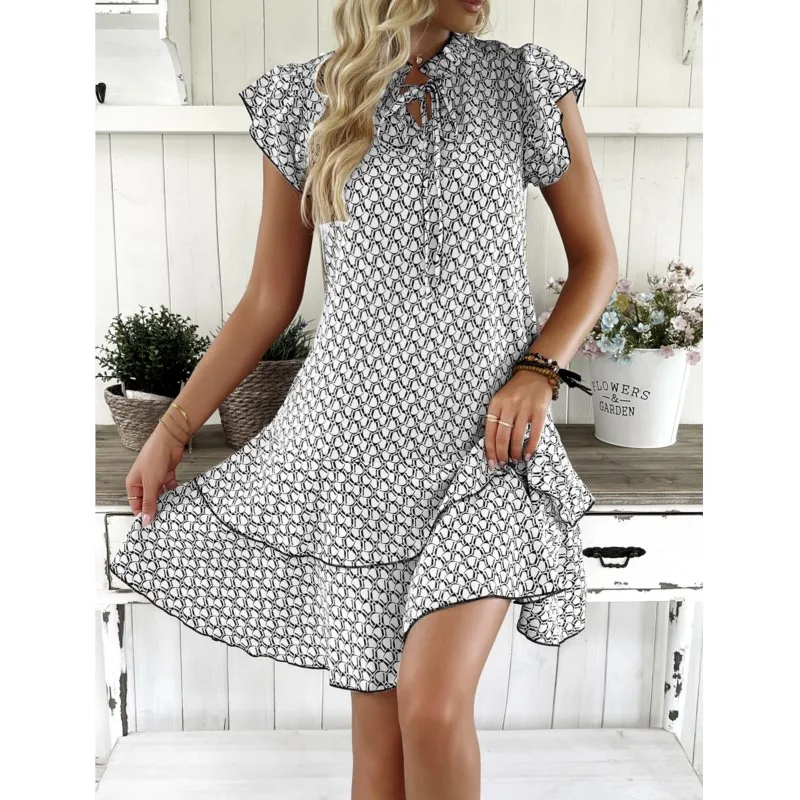 Nowa koronkowa sukienka z dekoltem w szpic dla kobiet z koronkowym kołnierzykiem z krótkim rękawem i geometrycznym wzorem luźna talia spódnica z liści lotosu y2k