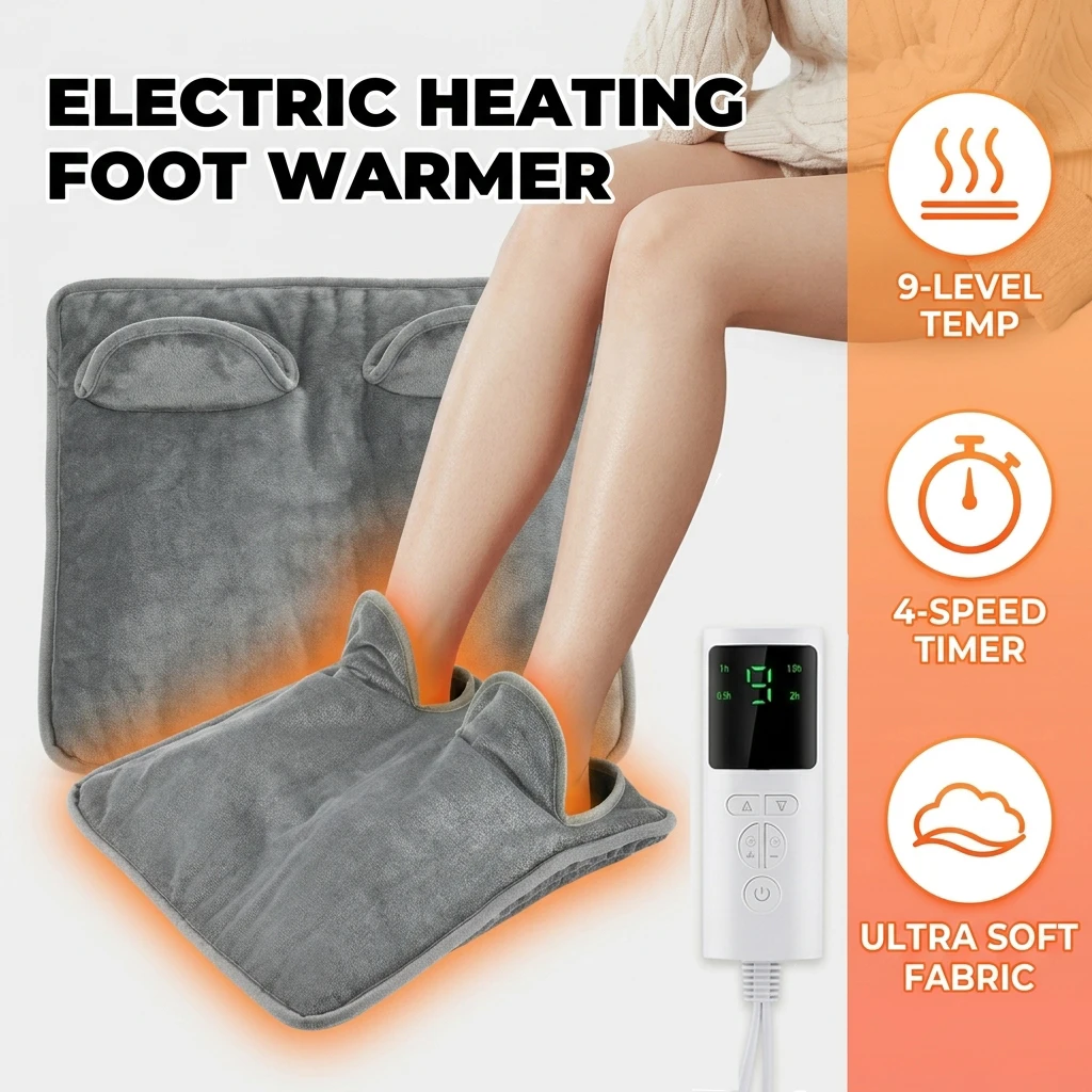 Electric Foot Warmer with 9 Heat Settings, 4 Timers Auto Shut Off Washable Heated Foot Pad, Fast Heat Under Desk for Office