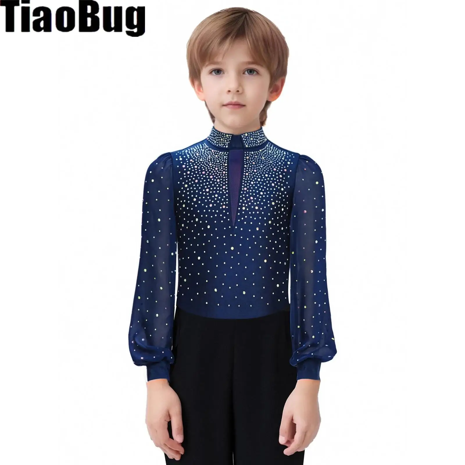 

Boys Latin Dance Leotard Long Sleeve Mock Neck Rhinestones Ballroom Salsa Tango Rumba Performance Bodysuit Jumpsuit Shirt Top
