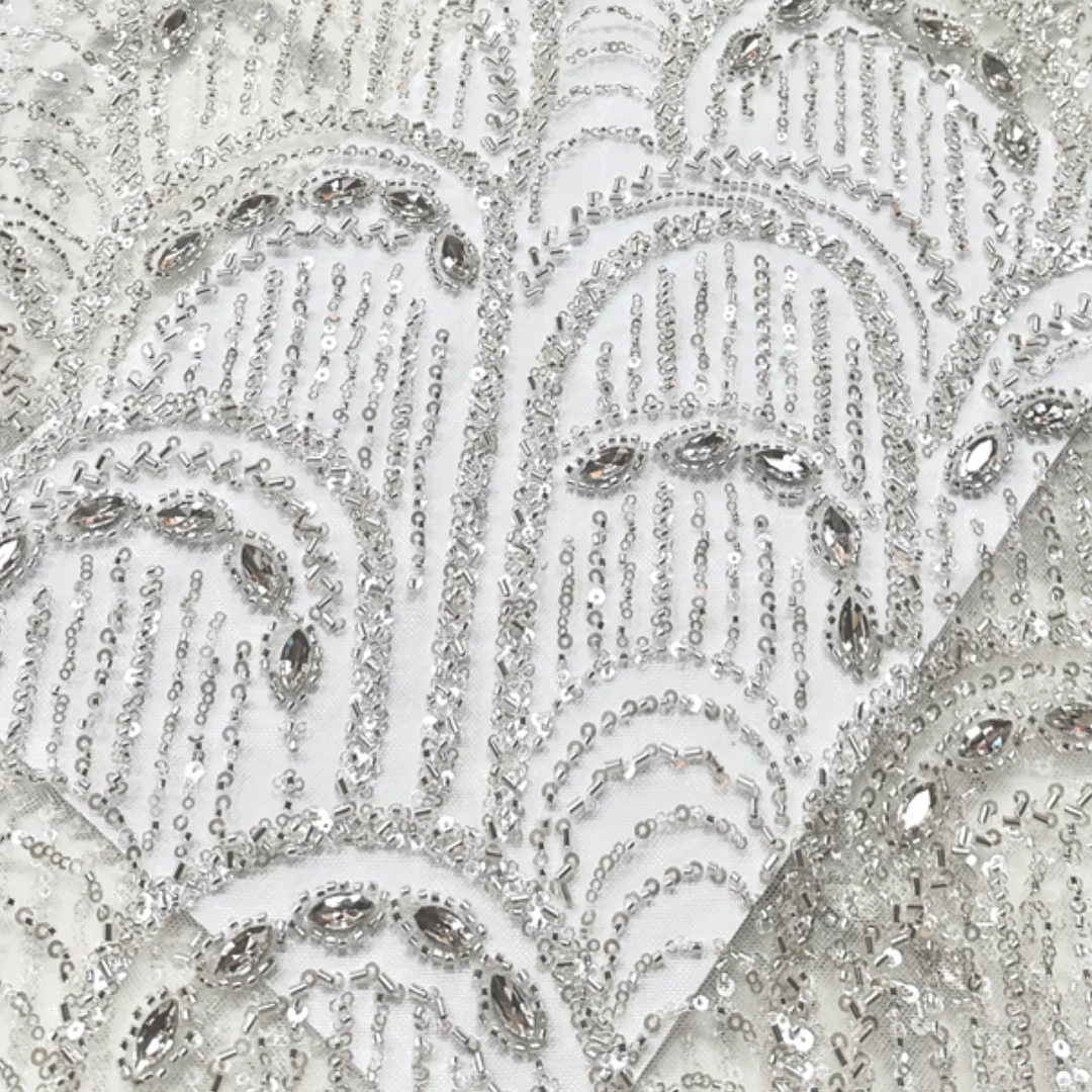 

1 Yards White African High Quality Line Embroidery Sequin Beaded Rhinestone Lace Fabric Luxury Tulle for WeddingDress Sewing