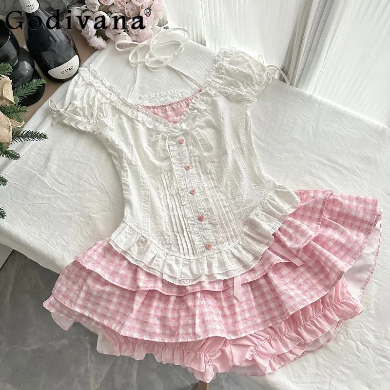 

Летние милые наряды принцессы, женские элегантные комплекты из 2 предметов в японском стиле Kawaii Lolita для девочек, розовый костюм с мини-юбкой и бантом Y2k, женский костюм