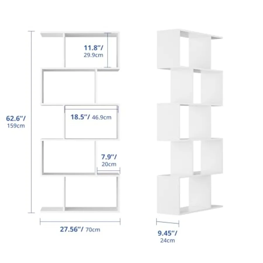 Living room office bookshelf set: geometric S-shaped 62 tall abstract bookcase, engineered wood, white, 5-tier display shelf wi view 2