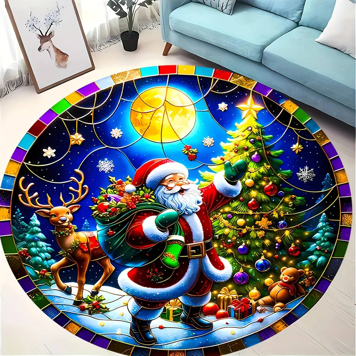 Stained Glass Santa Reindeer Christmas Tree Moonlight Round Rug For Holiday Dining Area Featuring Colorful Mosaic Carpet
