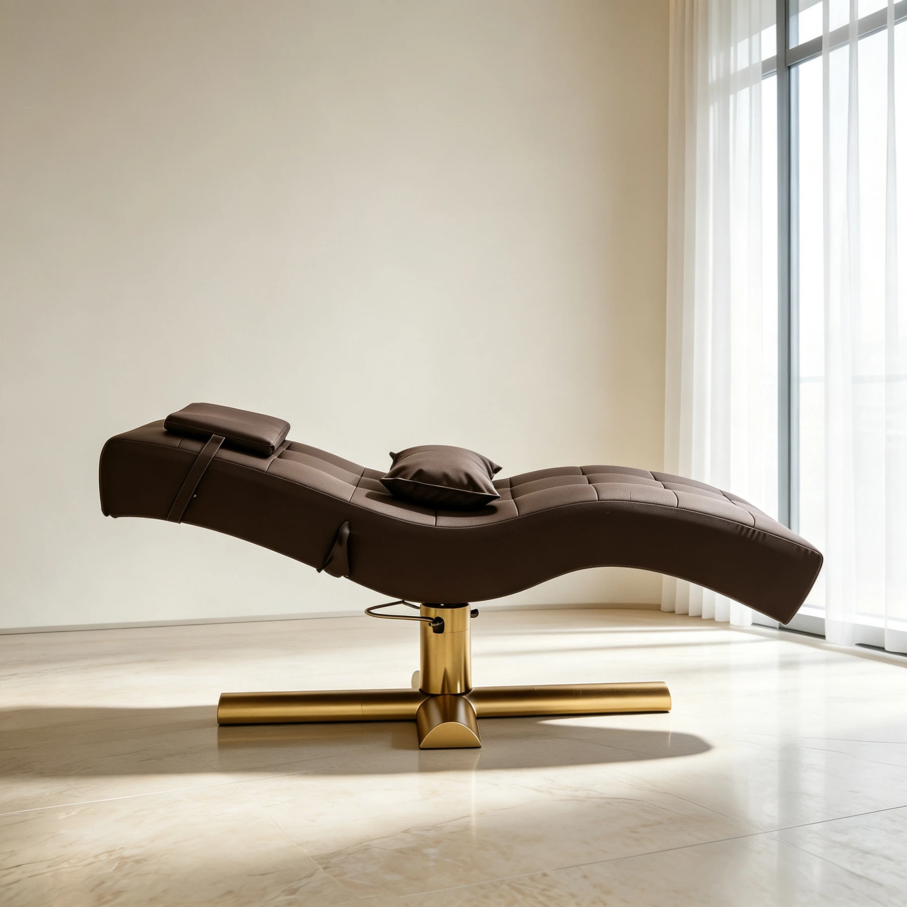 Luxury Curved Brown PU Leather Beauty Salon Chair Gold Metal Hydraulic Base Adjustable Reclining Esthetician Bed Lash Tattoo Fac