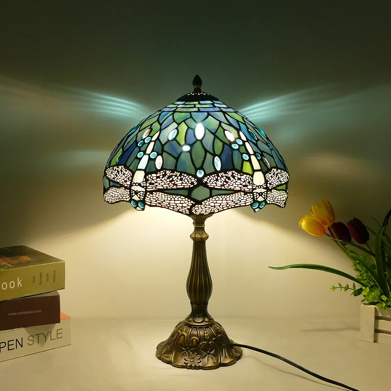 

12 Inch Wide Ocean Blue Dragonfly Desk Lamp, Colored Glass Bedroom Bedside Table Lamp, Living Room Study Reading Lamp