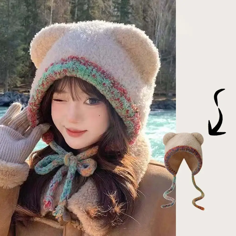 

Cute Bear Ear Knitted Woolen Hat Windproof Thickened Beanies Cap Keep Warm Ear Protection Cap Outdoor