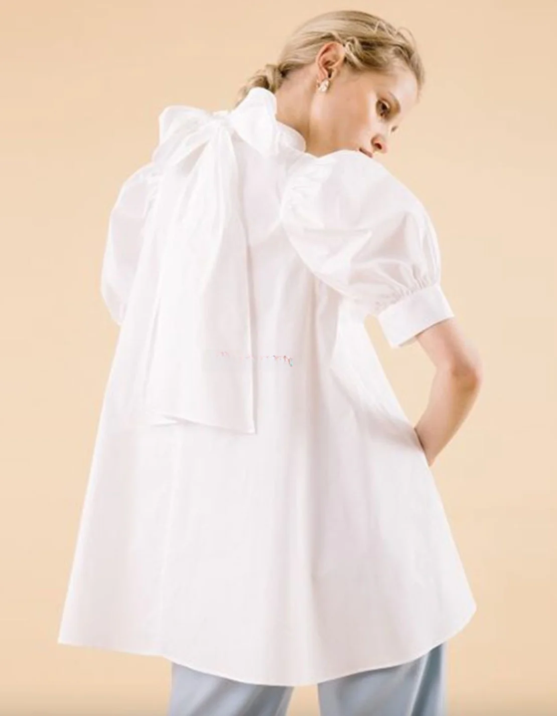 

Pure Color Bubble Sleeve Knot Shirt Cotton Sweet Style Japanese Trend Spring Collection CWFT201084
