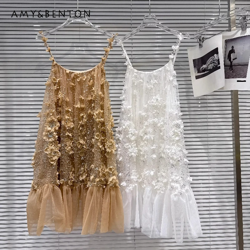 

Original Design Women's Vests Dress 2026 Summer New Solid Color Chiffon Flower Embroidery Sequined Mesh Sling Dresses Ladies