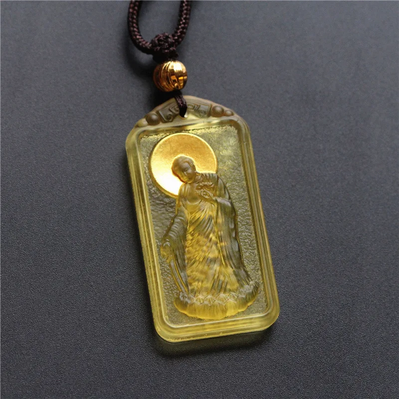 Chinese Style Gold Gilded Square Liuli Buddha Pendant Necklace Unisex Good Luck Spiritual Amulet Sweater Chain Exquisite Gift