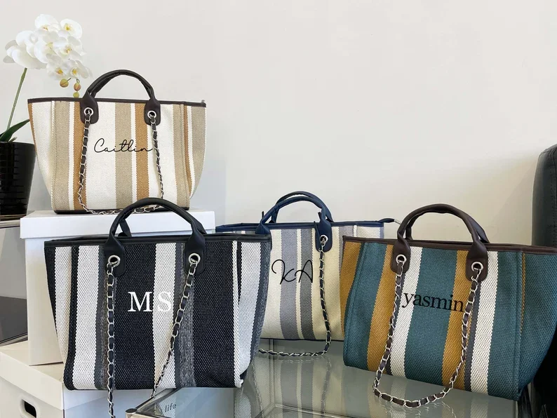 Personalised Monogrammed Canvas Bag Chain Ladies Custom Handbag Custom Tote Bags for Women Bride Bridesmaid Tote Bag Gift