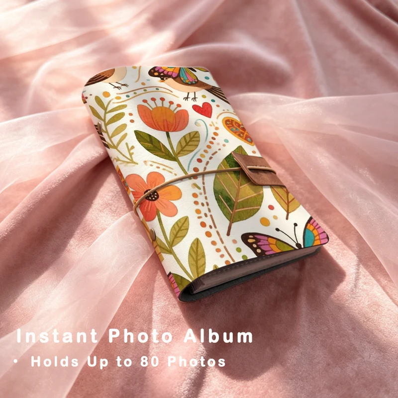 Vintage Floral Bird Butterfly Print PU Leather Photo Album 80 Pockets Portable Mini Instant Camera Photo Book Travel Memory Pict