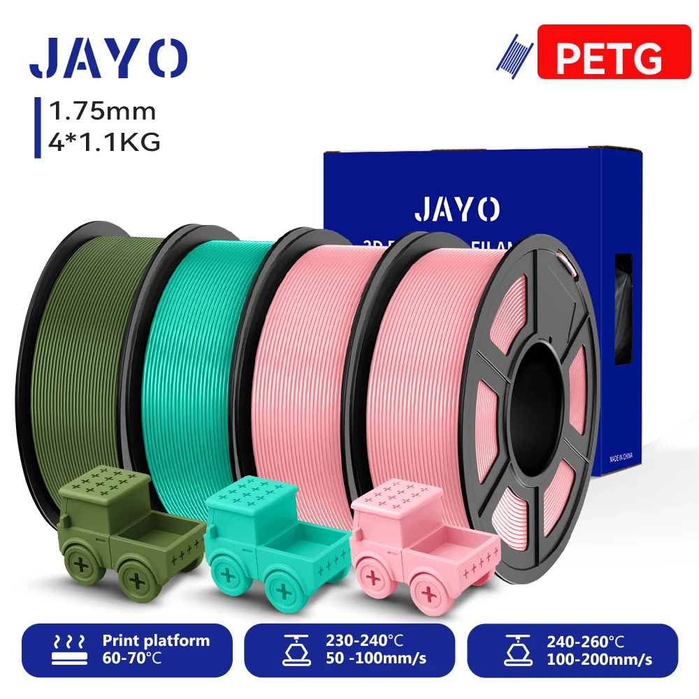 JAYO 4 Rollen 3D PETG/PETG klares Druckerfilament 1,75 mm, ordentlich gewickelt, ungiftige 3D-Druckmaterialien für 99 % FDM-3D-Drucker und -Stifte