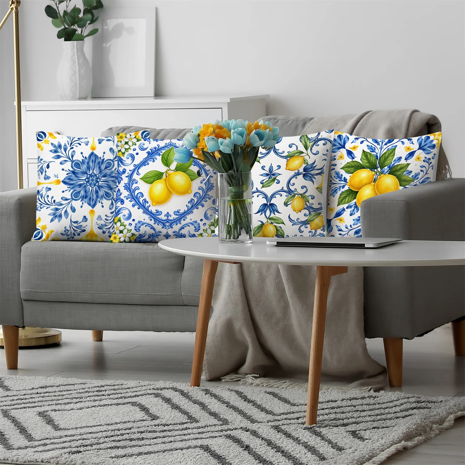Set of 4 Lemon Blue Floral Cushion Covers Pillow Shams Mediterranean Farmhouse Decorative Throw Pillows Home Decor Accent Linens