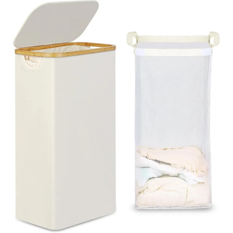 

60L Tall Collapsible Laundry Hamper with Lid - Includes 2 Inner Bags & Bamboo Handles for Clothes, Toys, Bedroom & Bathroom