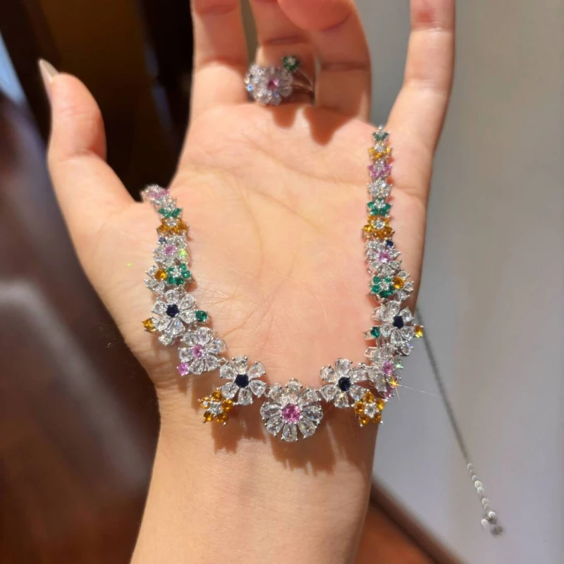 Bellux 925 Silver Jewelry Set Jewelry Cultivation Colored Sapphire Daisy Garden Ring Necklace Bracelet Earring Set