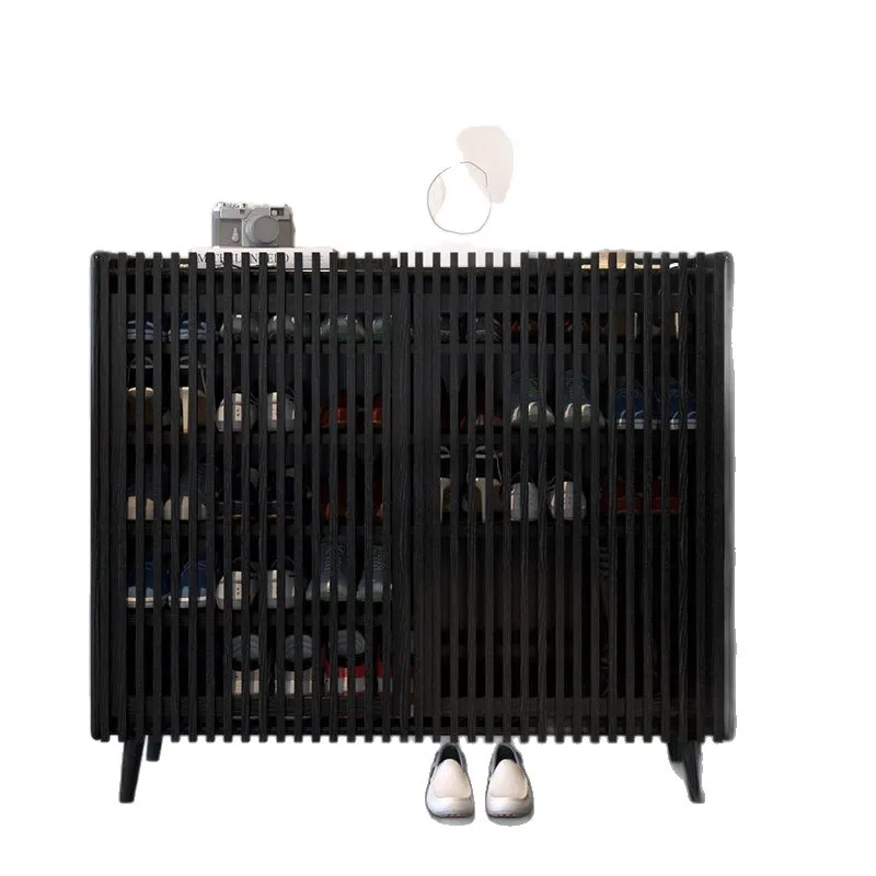 Indoor entrance corridor, outer black grille door, all solid wood shoe cabinet, oak home entrance, medieval shoe rack