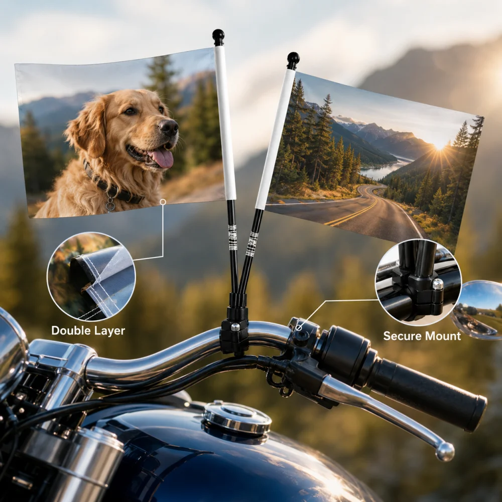 2Pcs Custom Photo Motorcycle Flag Set with Plastic Pole Double Sided Different Print Motorbike Handlebar Decor Flag Kit