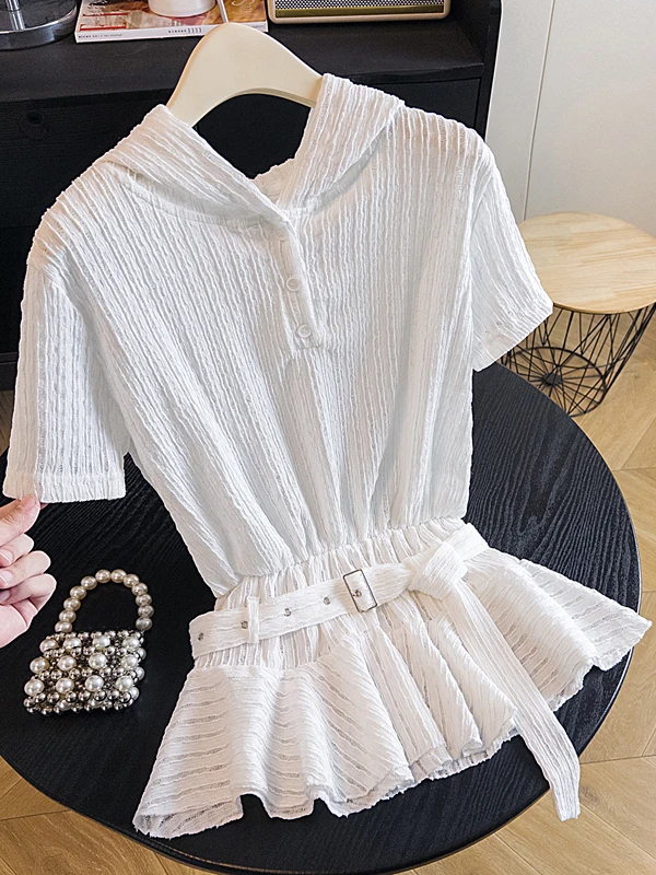 Women's Summer plus Size T-Shirt with Hood Short Sleeve Conceal Belly Belted High Waist Slimming Design Base Shirt Top
