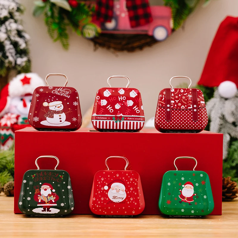 Christmas Tinplate Handbag Candy Box Gift Storage Box Biscuit Can Iron Can Home Hand Card Chocolate Packaging Storage Box