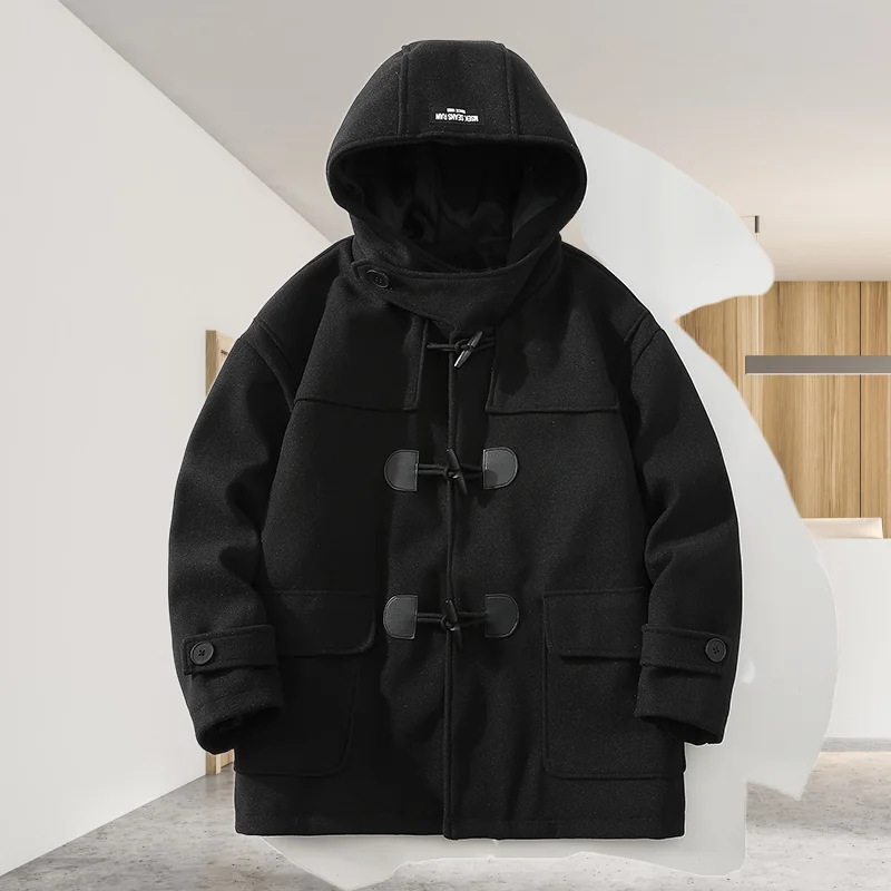 GIOIO men's woolen coat, horn button decorated hooded retro woolen coat, spring and autumn new casual woolen jacket