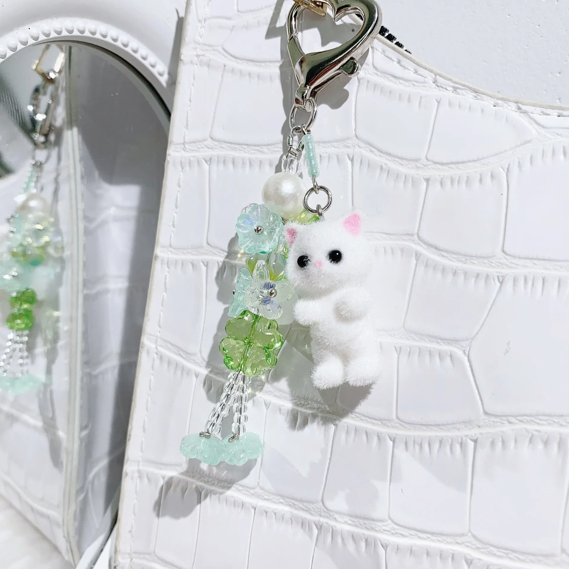 Spring Fluffy Cat Keychain Kawaii Plush Pendant for Bag Backpack Sweet Flocked Trinket Cute Emotional Support Charm Girl's Gift