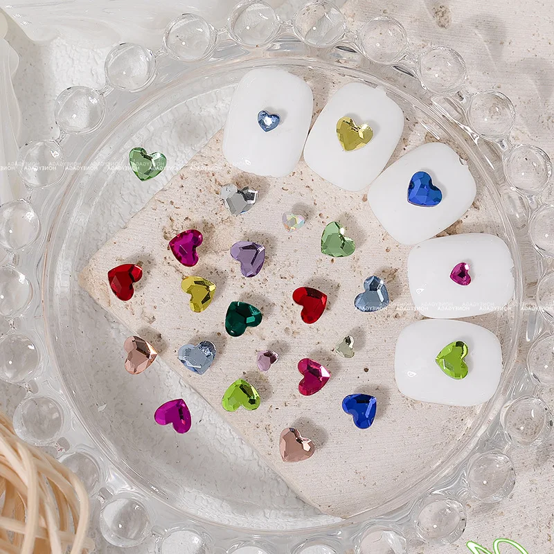 50PCS Rainbow-Translucent Vibrant Multi-Color Crystal Heart Nail Rhinestones Mini Nail Charms For Sweetheart Style Decor