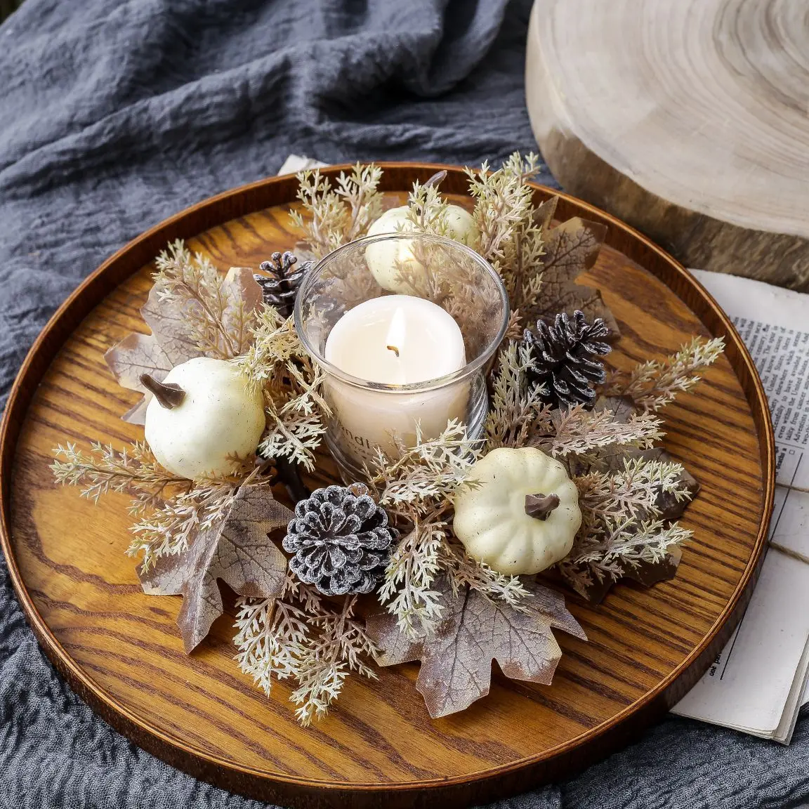 25 سنتيمتر مابل ليف الاصطناعي إكليل اليقطين لجدول شمعة حامل زينة عيد الشكر مهرجان الحصاد زينة إكليل