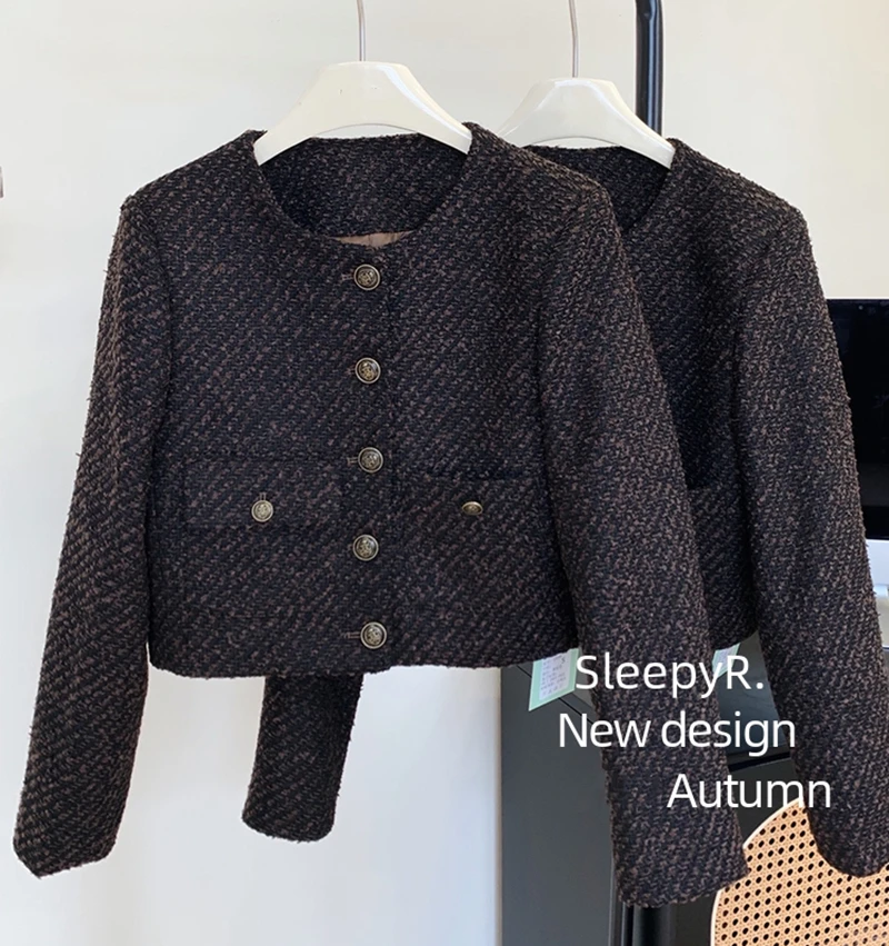 

2024 New Spring Fall High Quality Luxury Black Tweed Jacket Women Long Sleeve Single Breasted Cropped Tops French Retro Blazer