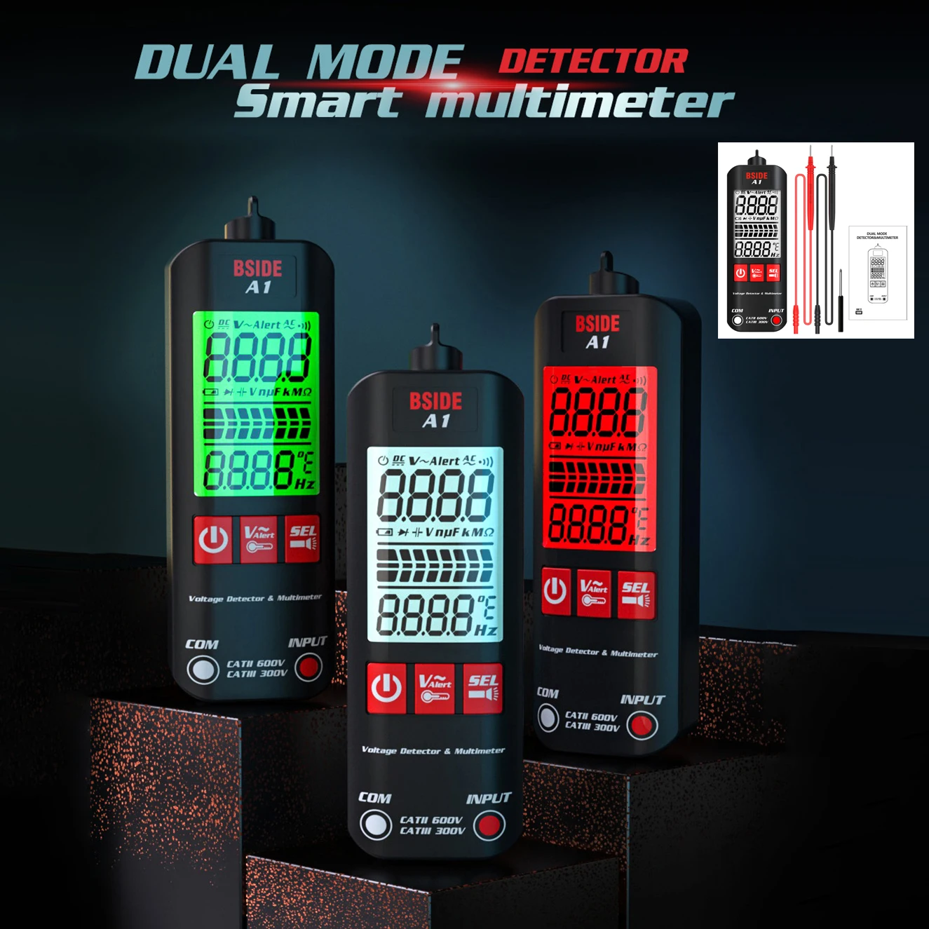 BSIDE A1 Mini Multimeter LCD Digital Tester Voltage Detector 2000 Counts DC/AC Voltage Frequency Resistance True RMS Meter