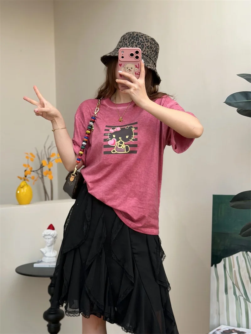 

Футболка с принтом Sweet Cool Kitty, женская, весенне-летняя, свободного кроя, с короткими рукавами, винтажная, с круглым вырезом, влагоотводящая