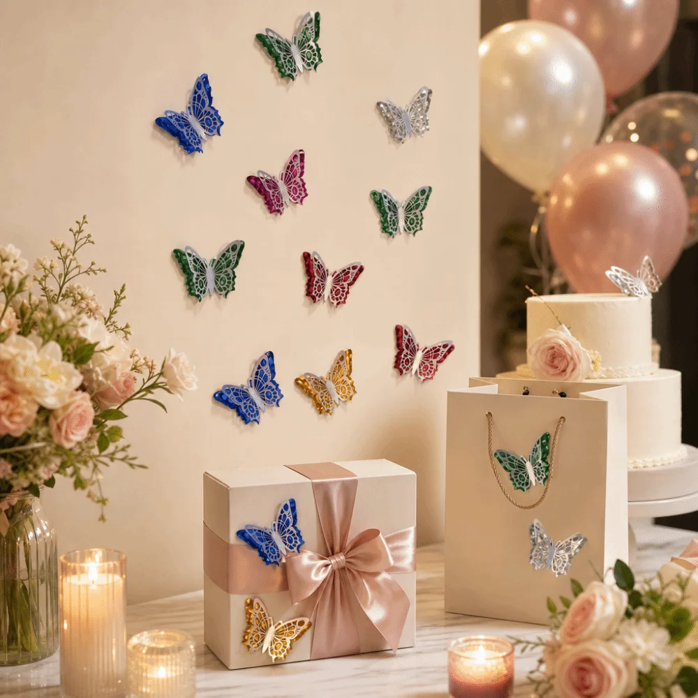 12 Pcs Colorful 3D Butterfly Wall Stickers Glitter Wings Hollow Double-Layer Wall Stickers Patchwork Fairy