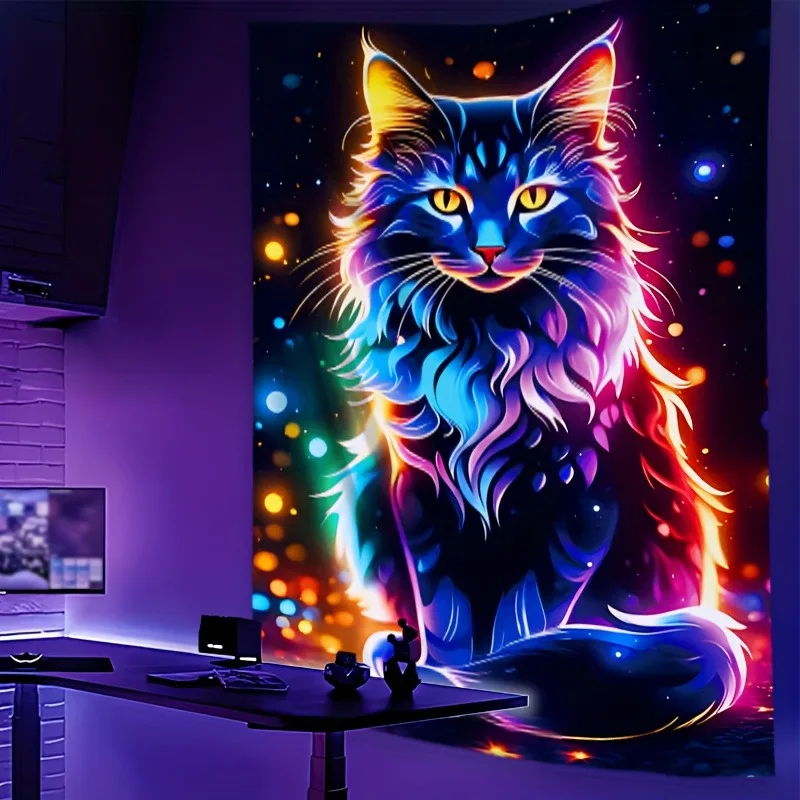 Leuchtender neonfarbener Wandteppich mit schwarzer Katze, UV-Wandteppich, Wandbehang, Schlafzimmer, Zuhause, Party-Dekoration