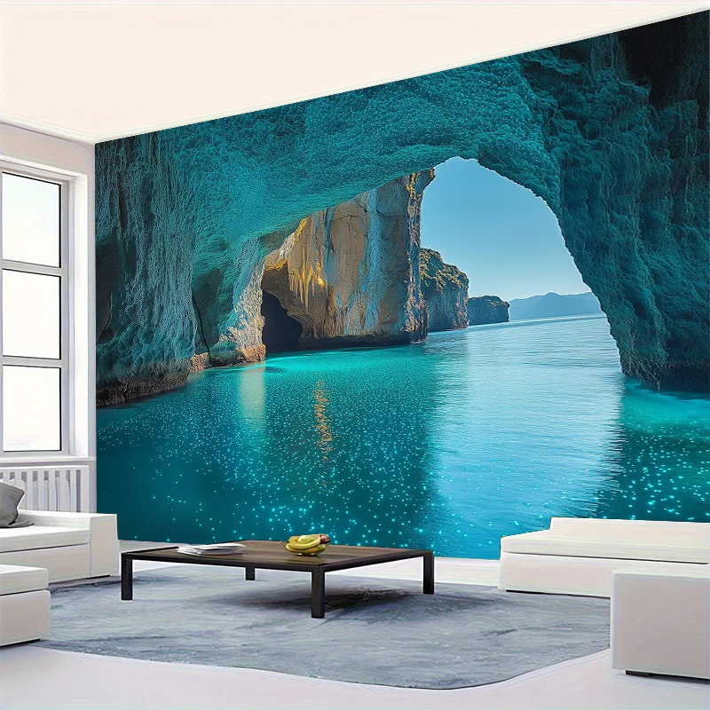 [Blue Cave Landscape Tapestry] 1pc Extra Large Polyester Blue Cave Landscape Tapestry - Turquoise Ocean Arch Wall Decor for Livi