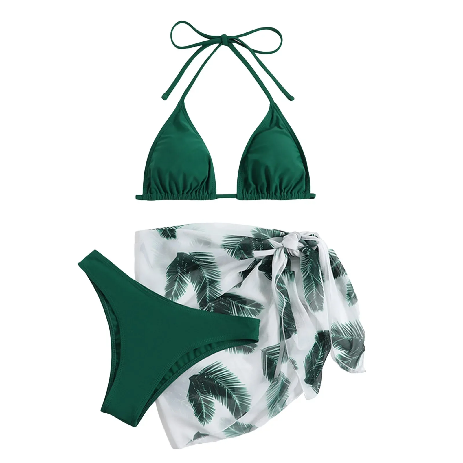 Women'S 3 Piece Bikini Set Triangle Cheeky Bathing Suits Cute Printing Swimsuits With Cover Up Skirt