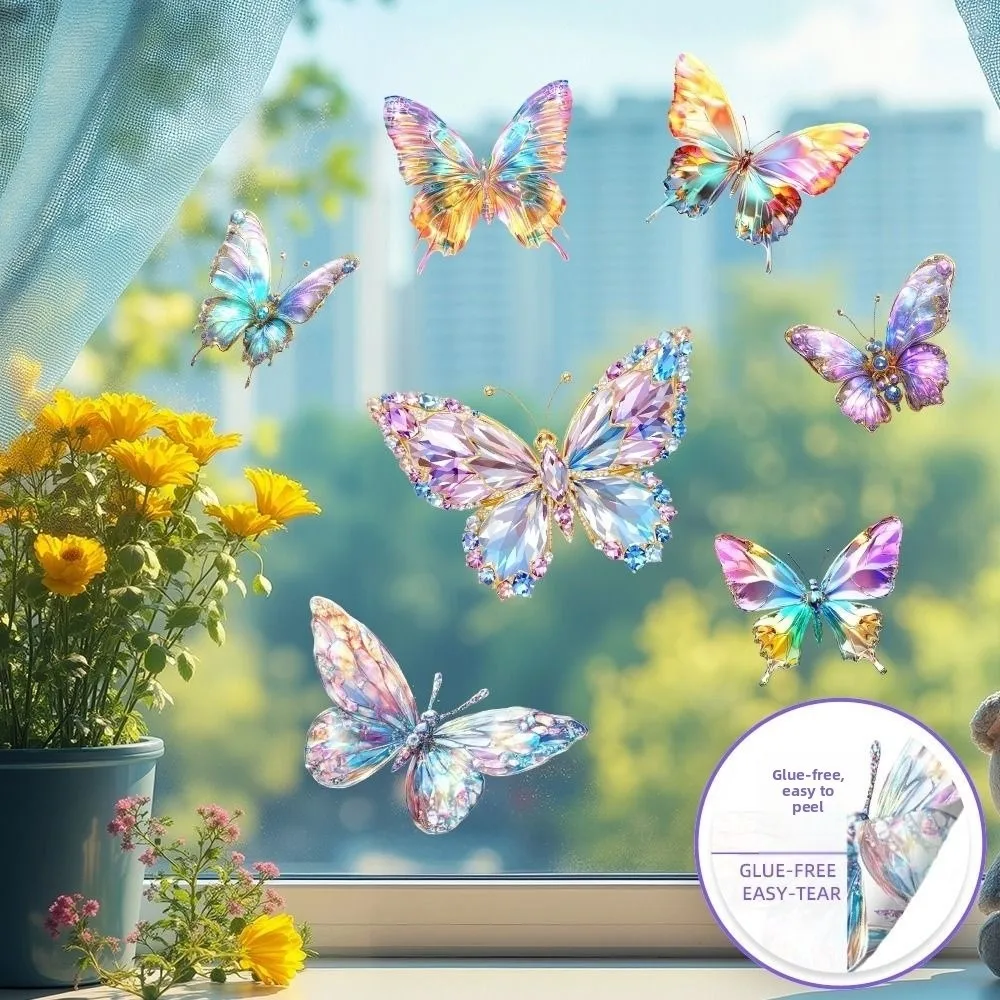 Multicolor Colorful Gem Butterfly Sticker Static PVC Butterfly Glass Stickers Light-transmitting Double Sides