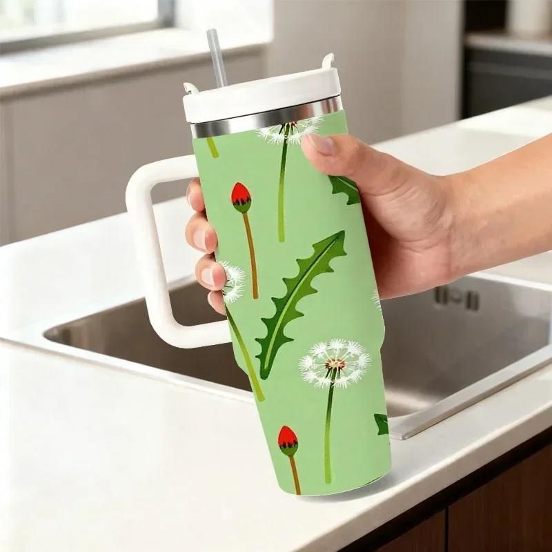 Stainless Steel 40Oz Insulated Tumbler, Whimsical Dandelion And Red Poppy Bud Digital Print on Light Green Background, Reusable Drink Container for Daily Sipping, Outdoor Trips And Office Desk Use