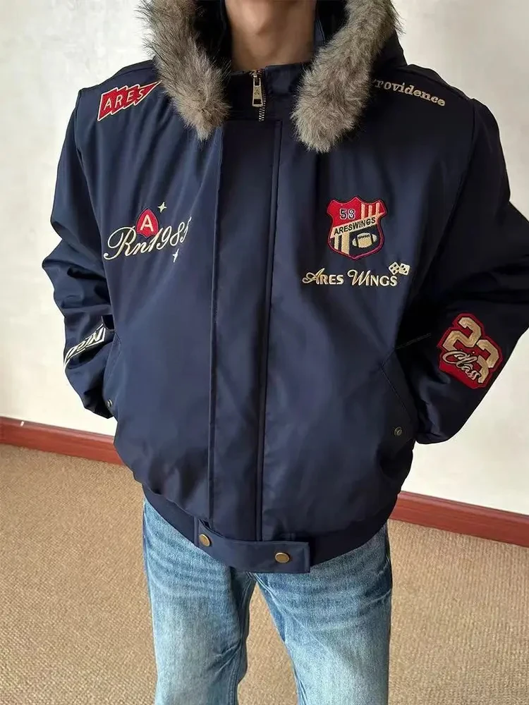 

Мужское хлопковое дэтское пальто с меховым воротником и меховым воротником в американском стиле, синяя зимняя теплая одежда для пар